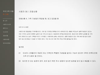 우리가족 어플
한 지붕
앱 소개
사용자 리서치
페르소나
시나리오
과업모델
사용자여정
와이어프레임
사용자 06 / 관찰상황
관찰상황 A. 가족 기념일이 헷갈릴 때, 잊고 있었을 때
오전 01시 45분
사용자 6은 매일매일 가계부를 쓴다. 이번 달 가계정산계획을 미리 세워보던 중, 4월에 부모님의 결혼기념일이 있다는
것은 기억이 났지만 정확한 날짜가 잘 기억나지 않는다. 동생에게 연락을 해보았지만, 동생 또한 정확한 날짜를 잘 기억
하지 못해 지난 날의 기록을 뒤지기 시작했다. 어찌어찌 날짜는 찾았지만, 결혼기념일이 있는 주에 해야 할 일이 많아
잊지 않고 잘 챙길 수 있을 지 걱정이 된다. 우선 포스트 잇에 적어 책상 위에 붙여놓기로 한다.
발견점
01 단순히 스케쥴러의 개념이 아닌 가족만의 특별한 기념일을 알리는 기능이 있다면 가족의 친목도모에
더욱 큰 도움이 될 것이다.
02 잊으면 안 되는 일정의 경우, 잊지 않기 위한 푸시-알람이 있다면 일정을 잊지 않고 해결할 수 있다.
 