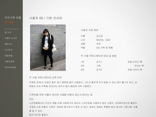 우리가족 어플
한 지붕
앱 소개
사용자 리서치
페르소나
시나리오
과업모델
사용자여정
와이어프레임
사용자 08 / 기본 리서치
이름 김다빈
나이 92년생, 23세
성별 여자
역할 5인 가족 중 첫째
주 사용 커뮤니케이션 대상 및 방법
1위 친구1 전화,카카오 톡
2위 가족 카카오 톡
3위 친구2 전화,카카오 톡
주 사용 커뮤니케이션 선택 이유
무제한 3G라서 요금이 들지 않기 때문에 많이 사용한다. 그리고 빠르게 주고 받을 수 있는 점이 좋기도 하고, 상
대방이 먼저 카톡을 보내오는 경우가 많기 떄문에 자주 사용한다
가족만을 위한 어플이 있다면 사용할 의향이 있는가/바라는 점
YES
노인분들께서는 카카오 톡을 아얘 사용하시지 않아서 스마트폰을 사용하지 않는 사람도 고려해주었으면 좋겠다.
주중에 서로 바빠서 가족과 제대로 얘기하기가 힘든 것 같다. 일하는 중에도 특별한 일이 생기면 그때그떄 상황
을 알 수 있는
앱이 있으면 좋겠다.
사용자 기본 정보
 