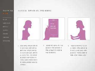 우리가족 어플
한 지붕
앱 소개
사용자 리서치
페르소나
시나리오
과업모델
사용자여정
와이어프레임
시나리오 03 하루의 틈 사이, 가족과 함께하다
1. 23살 대학교 3학년에 재학 중
인 김지수씨는 바쁜 대학 생
활로 인해 가족과의 하루 일
과 시간이 많이 달라, 함께 하
는 시간이 적다. 거의 대부분
을 과제로 인해 학교에서 숙
식하는 김씨의 아침은 엄마가
한 지붕에 설정해준 알람으로
시작한다.
2. 알람을 듣고 일어난 후, 기상
을 알리기 위해 엄마에게 가
톡을 남겨놓은 후 수업에 들
어갈 준비를 한다.
3. 아침은 잘 챙겨먹고 다니라
는 아빠의 가톡과 함께 온 용
돈 입금 소식에 김씨는 감동
을 받는다. 덕분에 상쾌한 하
루를 시작한 기분을 느낀다
 