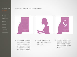 우리가족 어플
한 지붕
앱 소개
사용자 리서치
페르소나
시나리오
과업모델
사용자여정
와이어프레임
4. 바쁘게 수업을 오가며 뛰어
다는 중, 동생으로부터 엄마
아빠의 결혼기념일에 시간을
낼 수 있느냐는 가톡을 받는
다. 가렌더에서 일정을 확인
한 후, 시간일정을 조정한다
5. 수업 후, 오늘은 귀가할 수
있을 것 같다. 가모에 귀가일
정을 알린다
6. 마침, 근처 회사에서 아빠가
퇴근하시는 중이었다. 아빠는
딸이 남긴 가모를 보고 딸과
함께 귀가하기 위해 전화통화
를 건다
시나리오 03 하루의 틈 사이, 가족과 함께하다
 