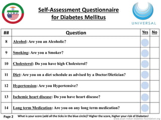 ## Question Yes No 
8 Alcohol: Are you an Alcoholic? 
9 Smoking: Are you a Smoker? 
10 Cholesterol: Do you have high Cholesterol? 
11 Diet: Are you on a diet schedule as advised by a Doctor/Dietician? 
12 Hypertension: Are you Hypertensive? 
13 Ischemic heart disease: Do you have heart disease? 
14 Long term Medication: Are you on any long term medication? 
Page 2 
Self-Assessment Questionnaire 
for Diabetes Mellitus 
What is your score (add all the ticks in the blue circle)? Higher the score, higher your risk of Diabetes! 
www.asian-indian-diabetes-foundation.org 
