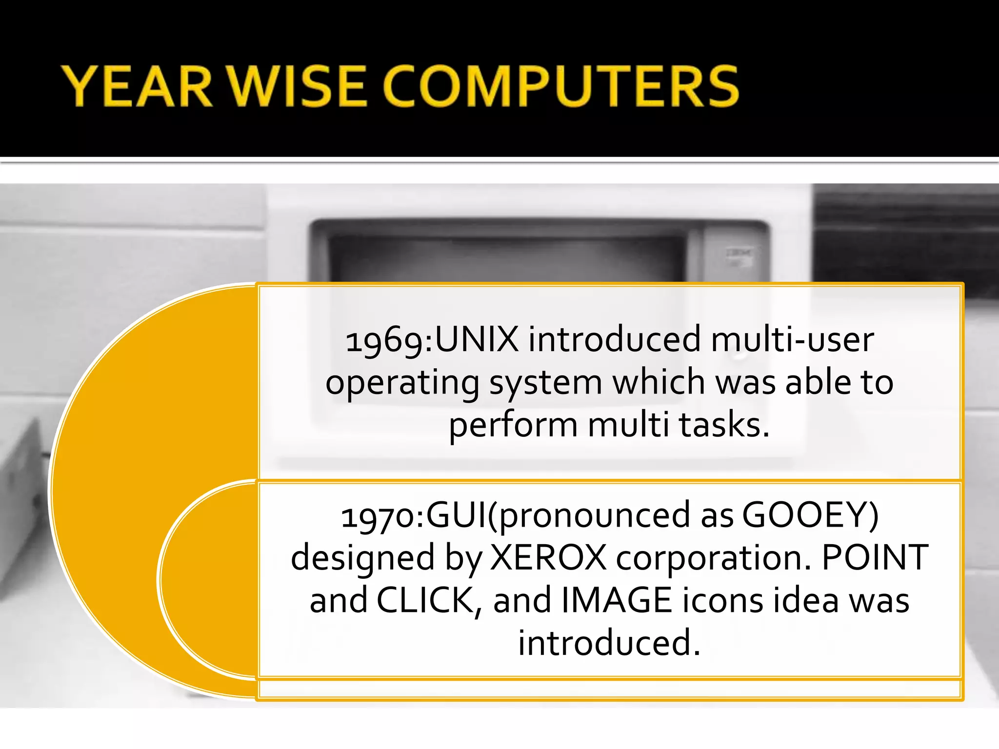 1969:UNIX introduced multi-user
operating system which was able to
perform multi tasks.
1970:GUI(pronounced as GOOEY)
designed by XEROX corporation. POINT
and CLICK, and IMAGE icons idea was
introduced.