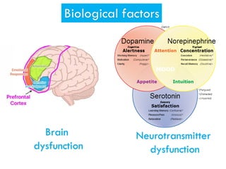 Biological factors
Brain
dysfunction
Neurotransmitter
dysfunction
 