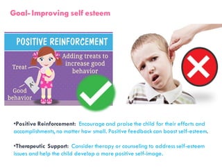 Goal- Improving self esteem
•Positive Reinforcement: Encourage and praise the child for their efforts and
accomplishments, no matter how small. Positive feedback can boost self-esteem.
•Therapeutic Support: Consider therapy or counseling to address self-esteem
issues and help the child develop a more positive self-image.
Goal- Improving self esteem
 
