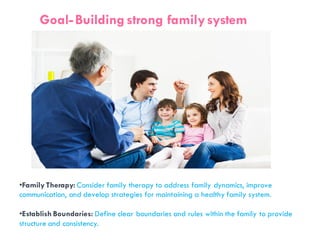 Goal-Buildingstrong familysystem
•Family Therapy: Consider family therapy to address family dynamics, improve
communication, and develop strategies for maintaining a healthy family system.
•Establish Boundaries: Define clear boundaries and rules within the family to provide
structure and consistency.
 