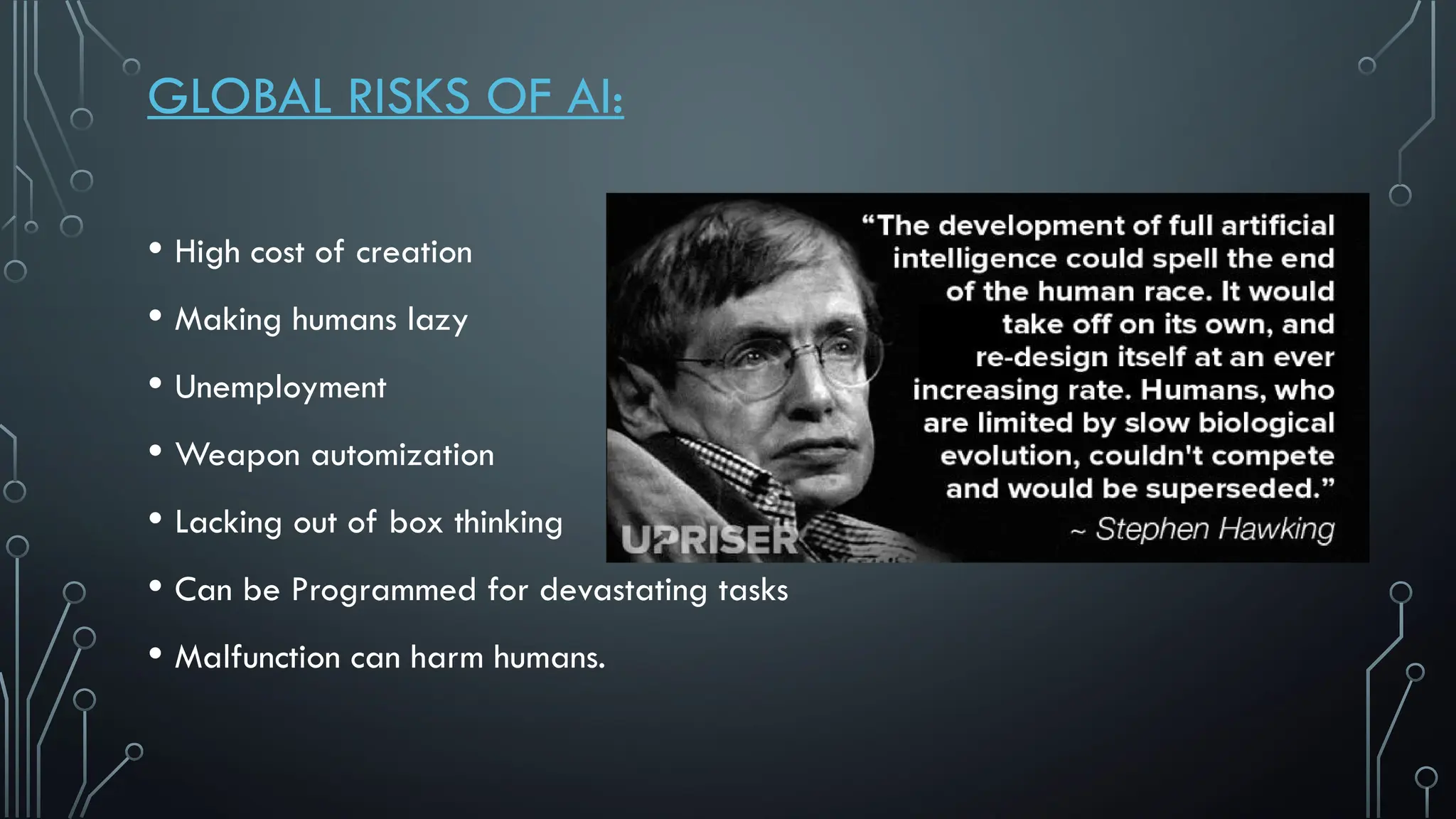 GLOBAL RISKS OF AI:
• High cost of creation
• Making humans lazy
• Unemployment
• Weapon automization
• Lacking out of box thinking
• Can be Programmed for devastating tasks
• Malfunction can harm humans.
 