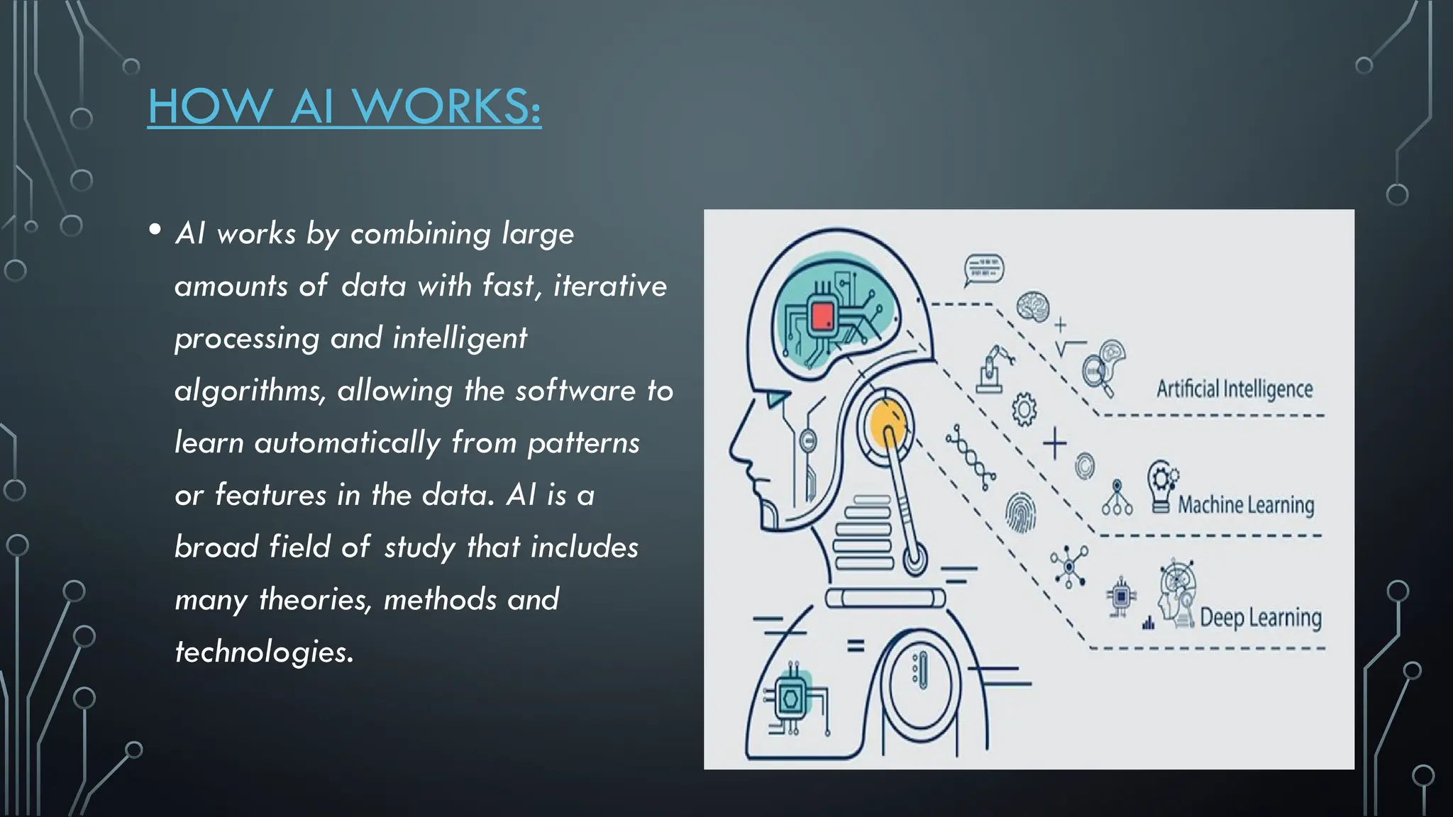 HOW AI WORKS:
• AI works by combining large
amounts of data with fast, iterative
processing and intelligent
algorithms, allowing the software to
learn automatically from patterns
or features in the data. AI is a
broad field of study that includes
many theories, methods and
technologies.
 