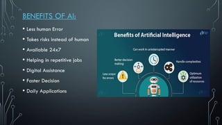 BENEFITS OF AI:
• Less human Error
• Takes risks instead of human
• Available 24x7
• Helping in repetitive jobs
• Digital Assistance
• Faster Decision
• Daily Applications
 