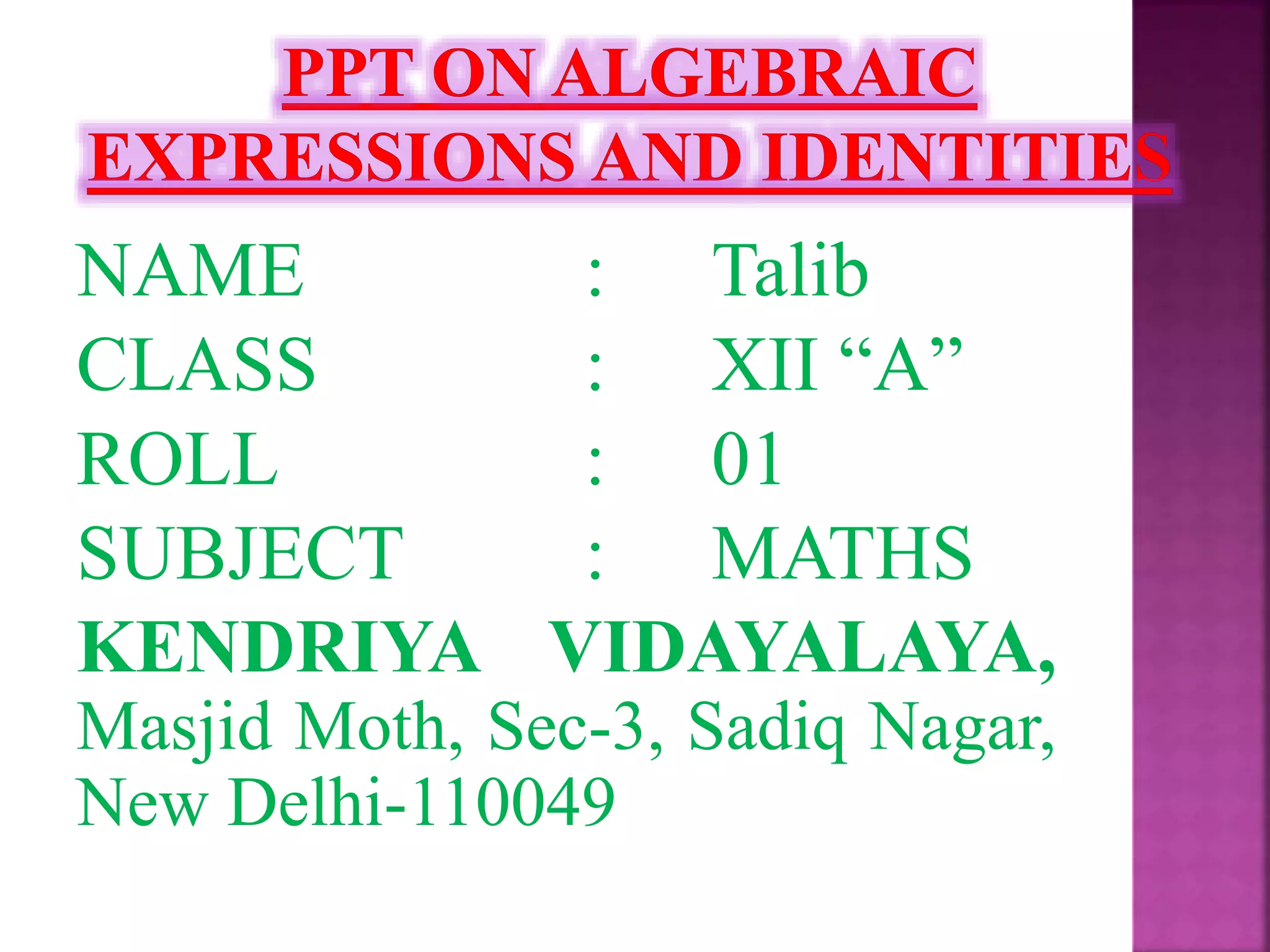 PPT on algebraic expressions and identities | PPT