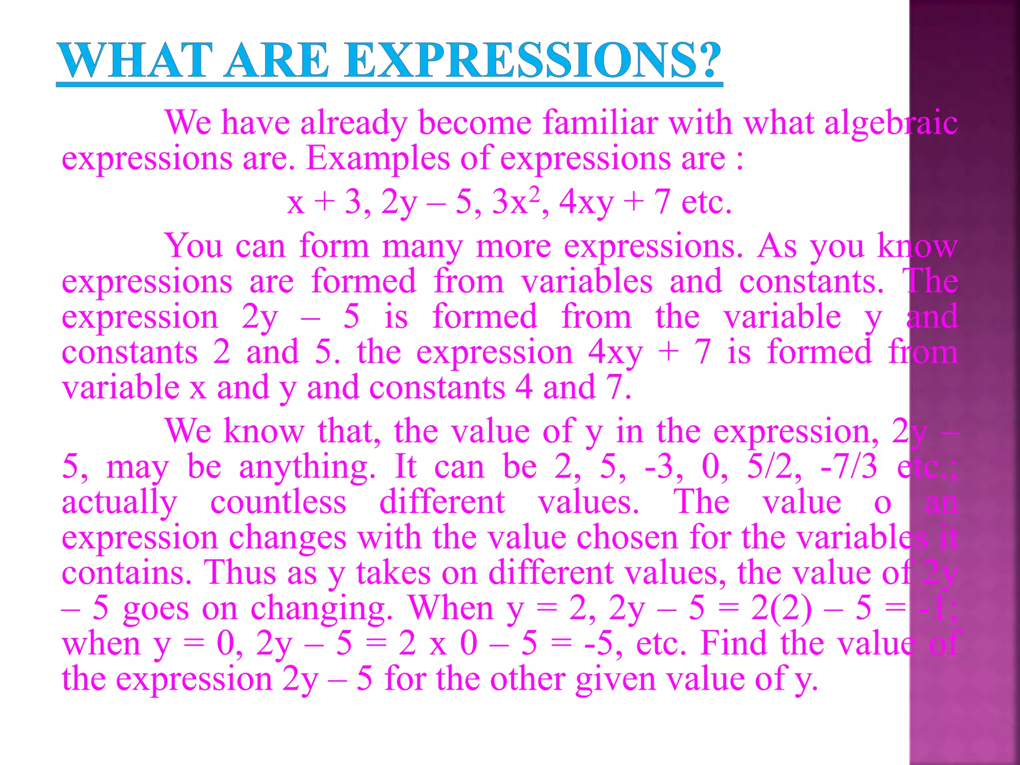 PPT on algebraic expressions and identities | PPT