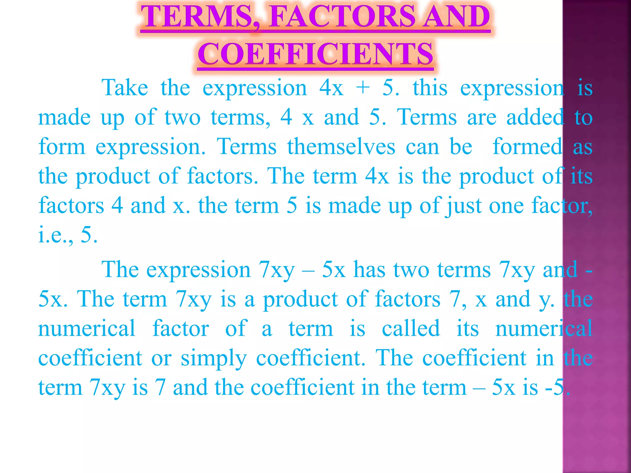 PPT on algebraic expressions and identities | PPT