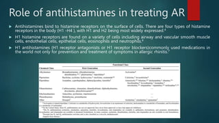 Role of antihistamines in treating AR
 Antihistamines bind to histamine receptors on the surface of cells. There are four...