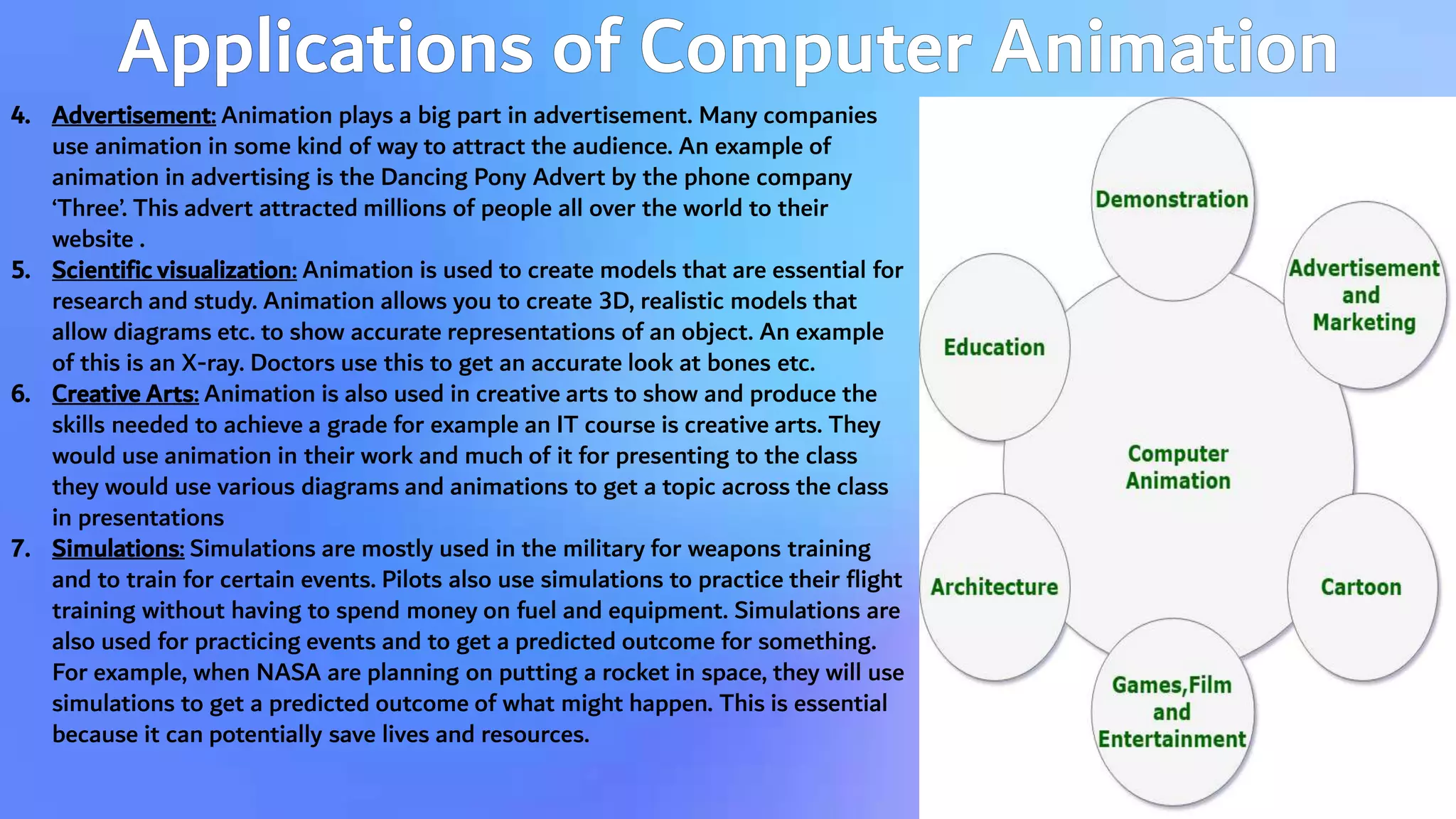 4. Advertisement: Animation plays a big part in advertisement. Many companies
use animation in some kind of way to attract the audience. An example of
animation in advertising is the Dancing Pony Advert by the phone company
‘Three’. This advert attracted millions of people all over the world to their
website .
5. Scientific visualization: Animation is used to create models that are essential for
research and study. Animation allows you to create 3D, realistic models that
allow diagrams etc. to show accurate representations of an object. An example
of this is an X-ray. Doctors use this to get an accurate look at bones etc.
6. Creative Arts: Animation is also used in creative arts to show and produce the
skills needed to achieve a grade for example an IT course is creative arts. They
would use animation in their work and much of it for presenting to the class
they would use various diagrams and animations to get a topic across the class
in presentations
7. Simulations: Simulations are mostly used in the military for weapons training
and to train for certain events. Pilots also use simulations to practice their flight
training without having to spend money on fuel and equipment. Simulations are
also used for practicing events and to get a predicted outcome for something.
For example, when NASA are planning on putting a rocket in space, they will use
simulations to get a predicted outcome of what might happen. This is essential
because it can potentially save lives and resources.
 