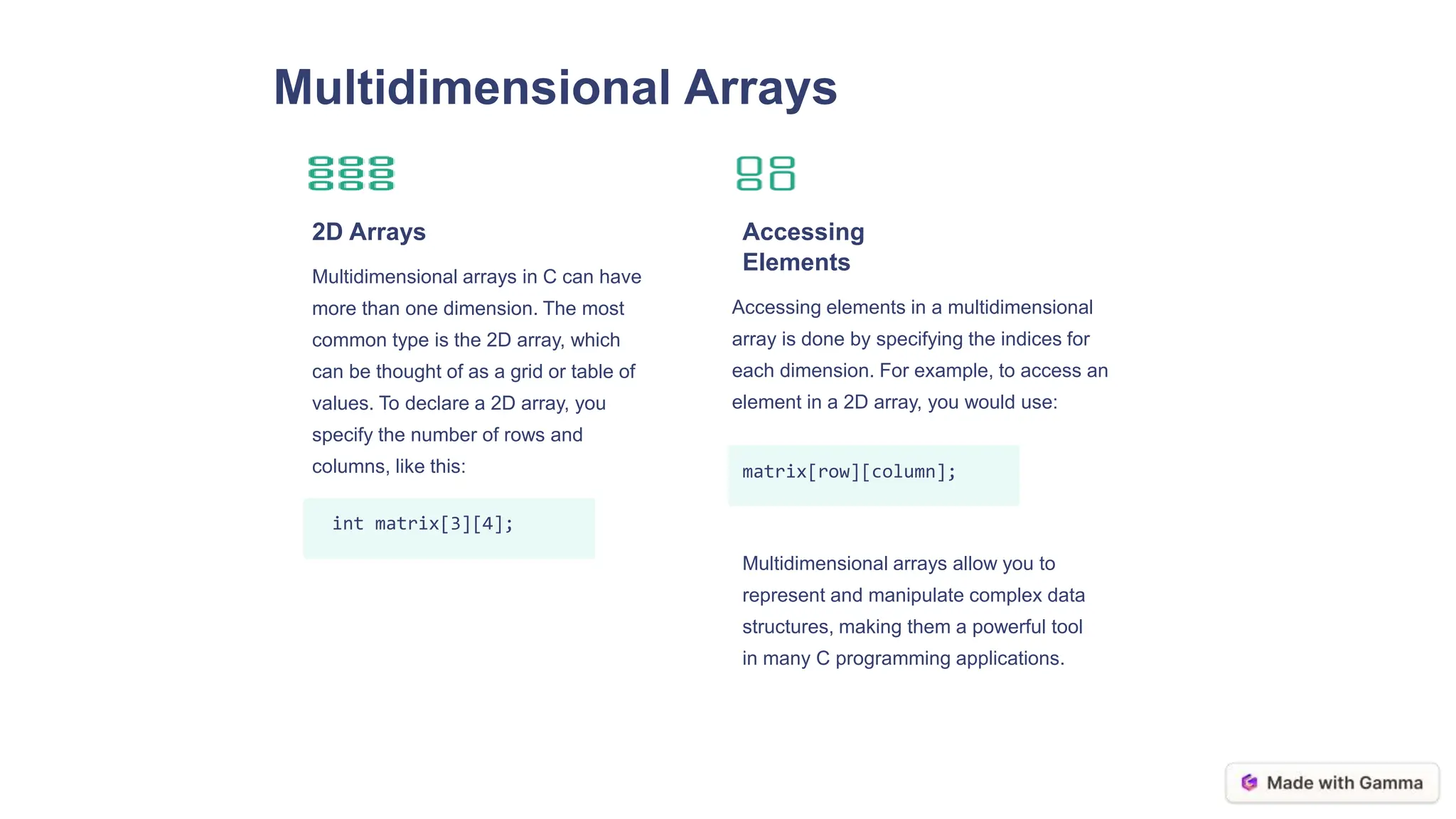 Multidimensional Arrays
2D Arrays
Multidimensional arrays in C can have
more than one dimension. The most
common type is the 2D array, which
can be thought of as a grid or table of
values. To declare a 2D array, you
specify the number of rows and
columns, like this:
int matrix[3][4];
Accessing
Elements
Accessing elements in a multidimensional
array is done by specifying the indices for
each dimension. For example, to access an
element in a 2D array, you would use:
matrix[row][column];
Multidimensional arrays allow you to
represent and manipulate complex data
structures, making them a powerful tool
in many C programming applications.
 