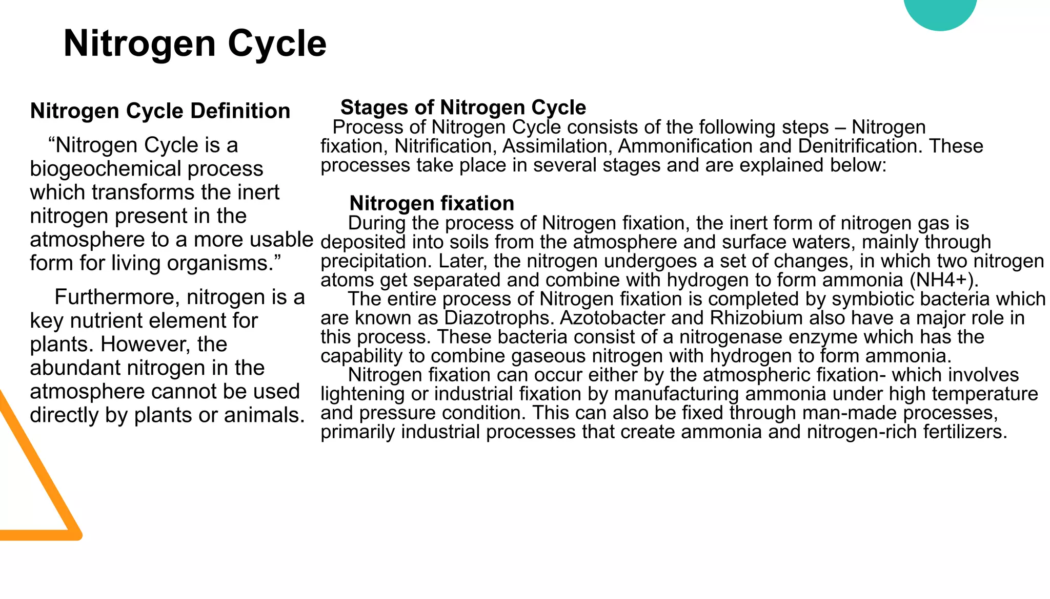 Nitrogen Cycle
Nitrogen Cycle Definition
“Nitrogen Cycle is a
biogeochemical process
which transforms the inert
nitrogen present in the
atmosphere to a more usable
form for living organisms.”
Furthermore, nitrogen is a
key nutrient element for
plants. However, the
abundant nitrogen in the
atmosphere cannot be used
directly by plants or animals.
Stages of Nitrogen Cycle
Process of Nitrogen Cycle consists of the following steps – Nitrogen
fixation, Nitrification, Assimilation, Ammonification and Denitrification. These
processes take place in several stages and are explained below:
Nitrogen fixation
During the process of Nitrogen fixation, the inert form of nitrogen gas is
deposited into soils from the atmosphere and surface waters, mainly through
precipitation. Later, the nitrogen undergoes a set of changes, in which two nitrogen
atoms get separated and combine with hydrogen to form ammonia (NH4+).
The entire process of Nitrogen fixation is completed by symbiotic bacteria which
are known as Diazotrophs. Azotobacter and Rhizobium also have a major role in
this process. These bacteria consist of a nitrogenase enzyme which has the
capability to combine gaseous nitrogen with hydrogen to form ammonia.
Nitrogen fixation can occur either by the atmospheric fixation- which involves
lightening or industrial fixation by manufacturing ammonia under high temperature
and pressure condition. This can also be fixed through man-made processes,
primarily industrial processes that create ammonia and nitrogen-rich fertilizers.
 