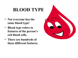 BLOOD TYPE 
• Not everyone has the 
same blood type! 
• Blood type refers to 
features of the person’s 
red blood cells. 
• There are hundreds of 
these different features. 
 