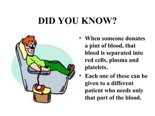 DID YOU KNOW? 
• When someone donates 
a pint of blood, that 
blood is separated into 
red cells, plasma and 
platelets. 
• Each one of these can be 
given to a different 
patient who needs only 
that part of the blood. 
 