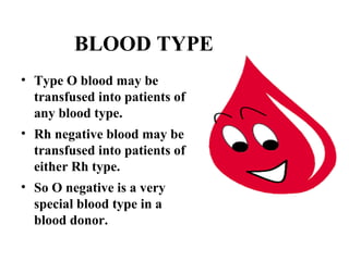 BLOOD TYPE 
• Type O blood may be 
transfused into patients of 
any blood type. 
• Rh negative blood may be 
transfused into patients of 
either Rh type. 
• So O negative is a very 
special blood type in a 
blood donor. 
 