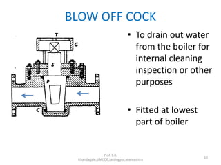 BLOW OFF COCK
• To drain out water
from the boiler for
internal cleaning
inspection or other
purposes
• Fitted at lowest
part of boiler
Prof. S.R.
Khandagale,JJMCOE,Jaysingpur,Mahrashtra
10
 