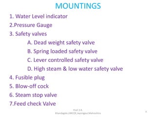 MOUNTINGS
1. Water Level indicator
2.Pressure Gauge
3. Safety valves
A. Dead weight safety valve
B. Spring loaded safety valve
C. Lever controlled safety valve
D. High steam & low water safety valve
4. Fusible plug
5. Blow-off cock
6. Steam stop valve
7.Feed check Valve
Prof. S.R.
Khandagale,JJMCOE,Jaysingpur,Mahrashtra
3
 