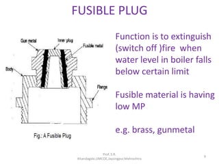 FUSIBLE PLUG
Function is to extinguish
(switch off )fire when
water level in boiler falls
below certain limit
Fusible material is having
low MP
e.g. brass, gunmetal
Prof. S.R.
Khandagale,JJMCOE,Jaysingpur,Mahrashtra
9
 