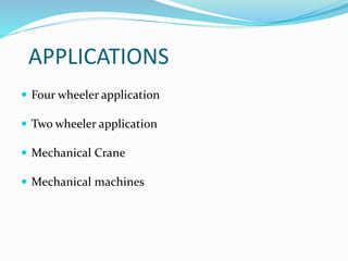 APPLICATIONS
 Four wheeler application
 Two wheeler application
 Mechanical Crane
 Mechanical machines
 