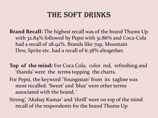 The Soft Drinks

Brand Recall: The highest recall was of the brand Thums Up
  with 32.84% followed by Pepsi with 31.86% and Coca-Cola
  had a recall of 28.92%. Brands like 7up, Mountain
  Dew, Sprite etc. had a recall of 6.38% altogether.

Top of the mind: For Coca Cola, color red, refreshing and
   ‘thanda’ were the terms topping the charts.
For Pepsi, the keyword ‘Youngistan’ from its tagline was
   most recalled. ‘Sweet’ and ‘blue’ were other terms
   associated with the brand. ‘
Strong’, ‘Akshay Kumar’ and ‘thrill’ were on top of the mind
   recall of the respondents for the brand Thums Up.
 