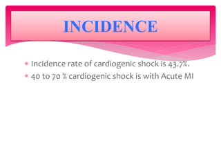  Incidence rate of cardiogenic shock is 43.7%.
 40 to 70 % cardiogenic shock is with Acute MI
INCIDENCE
 