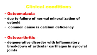 Clinical conditions
• Osteomalacia
• due to failure of normal mineralization of
osteoid
• common cause is calcium deficiency
• Osteoarthritis
• degenerative disorder with inflammatory
breakdown of articular cartilages in synovial
joints
 