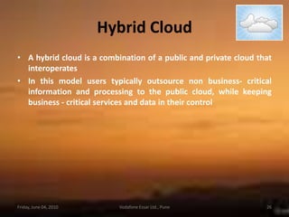 Cost Optimization“Turn off the lights” = turn off servers you aren’t usingEg:  Turn off development and test environmentsPay for only what you useNo need to buy in advanceZero Capital OutlayFriday, June 04, 201021Vodafone Essar Ltd., Pune
