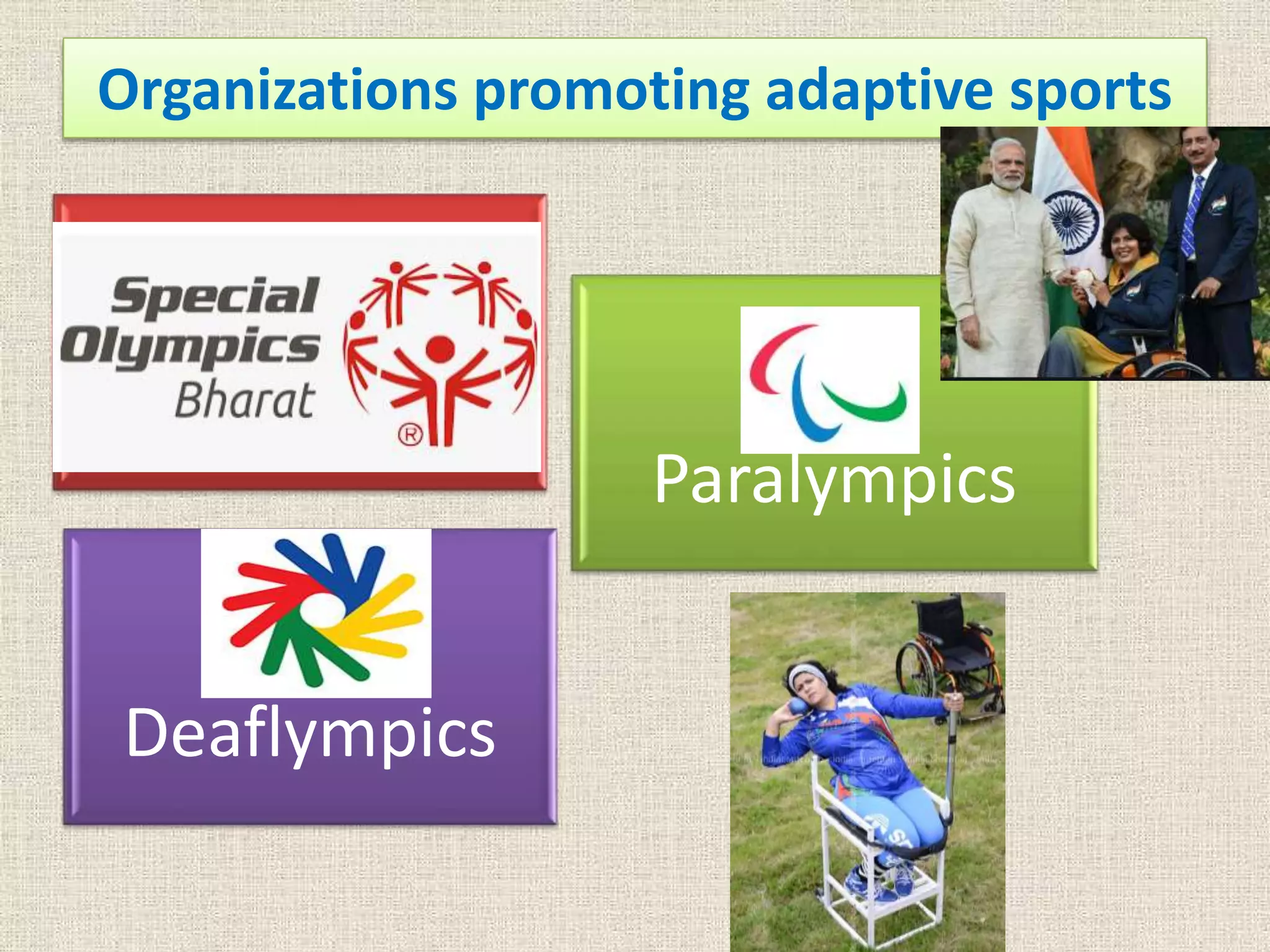 Organizations promoting adaptive sports
Special
Olympics
Bharat
Paralympics
Deaflympics
 