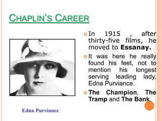 CHAPLIN’S CAREER
                    In    1915 , after
                     thirty-five films, he
                     moved to Essanay.
                    It was here he really
                     found his feet, not to
                     mention his longest
                     serving leading lady,
                     Edna Purviance.
                    The Champion, The
                     Tramp and The Bank.
  Edna Purviance
 