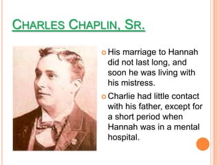 CHARLES CHAPLIN, SR.
              Hismarriage to Hannah
              did not last long, and
              soon he was living with
              his mistress.
              Charliehad little contact
              with his father, except for
              a short period when
              Hannah was in a mental
              hospital.
 