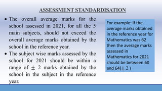 ASSESSMENT STANDARDISATION
• The overall average marks for the
school assessed in 2021, for all the 5
main subjects, should not exceed the
overall average marks obtained by the
school in the reference year.
• The subject wise marks assessed by the
school for 2021 should be within a
range of ± 2 marks obtained by the
school in the subject in the reference
year.
For example: If the
average marks obtained
in the reference year for
Mathematics was 62
then the average marks
assessed in
Mathematics for 2021
should be between 60
and 64(± 2 )
 