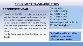 ASSESSMENT STANDARDISATION
• Every school will have a reference year which
has the highest overall performance in the
previous three years board examination.
• In case data is available only for two years,
then the best performance out of the two
years, for only one year, the same will be
taken.
• For the first timers, the board will provide the
details
REFERENCE YEAR
CBSE will provide an online
details of school wise
reference year marks.
For example :
Overall average for
2017-2018 is 72%
2018-2019 is 74%
2019-2020 is 7i%
Reference year will be 2018-
2019 is 74%(highest)
 