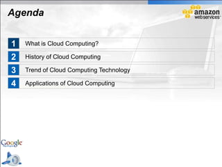 Agenda


1   What is Cloud Computing?

2   History of Cloud Computing

3   Trend of Cloud Computing Technology

4   Applications of Cloud Computing
 