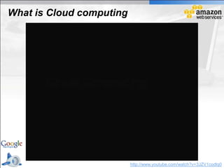 What is Cloud computing




                          http://www.youtube.com/watch?v=3JZV1codtq0
 