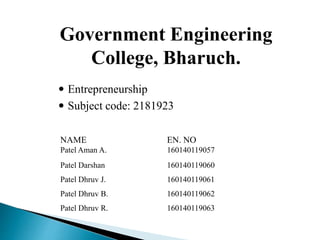 Government Engineering
College, Bharuch.
 Entrepreneurship
 Subject code: 2181923
NAME
Patel Aman A.
EN. NO
160140119057
Patel Darshan 160140119060
Patel Dhruv J. 160140119061
Patel Dhruv B. 160140119062
Patel Dhruv R. 160140119063
 