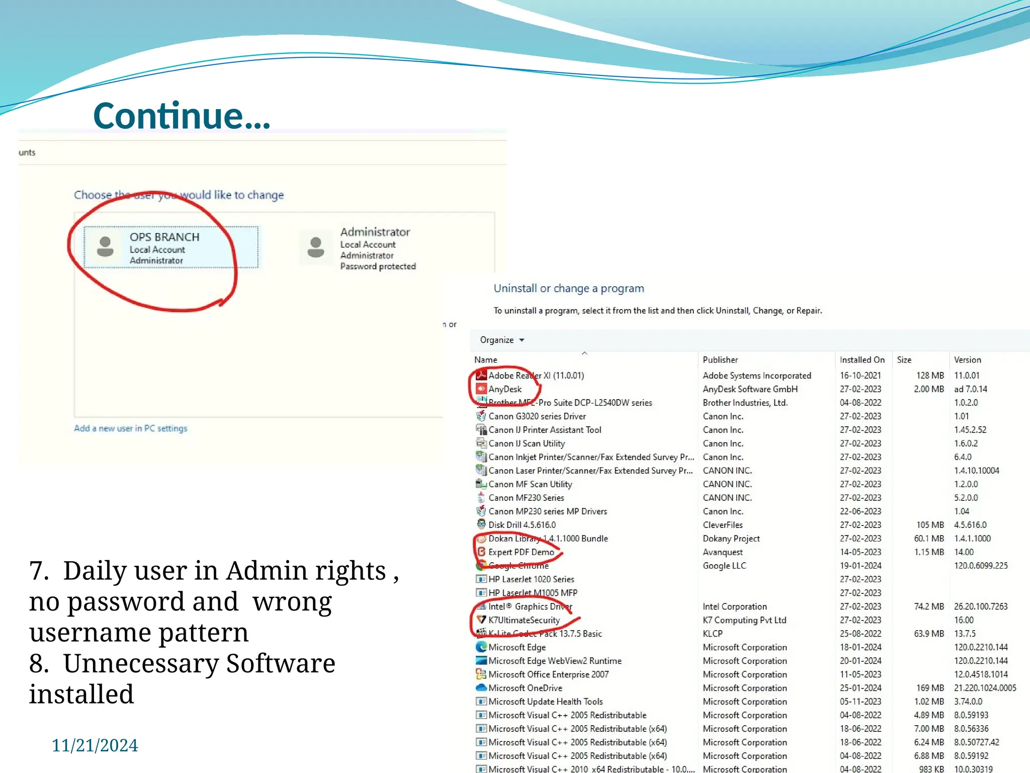 Continue…
11/21/2024
7. Daily user in Admin rights ,
no password and wrong
username pattern
8. Unnecessary Software
installed
 
