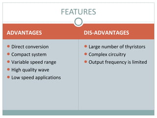 ADVANTAGES DIS-ADVANTAGES
Direct conversion
Compact system
Variable speed range
High quality wave
Low speed applications
Large number of thyristors
Complex circuitry
Output frequency is limited
FEATURES
 