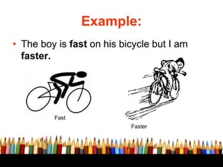 Example:
• The boy is fast on his bicycle but I am
faster.
Fast
Faster
 