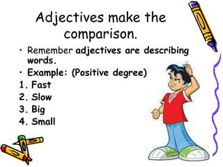 Adjectives make the
comparison.
• Remember adjectives are describing
words.
• Example: (Positive degree)
1. Fast
2. Slow
3. Big
4. Small
 