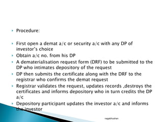 Procedure: First open a demat a/c or security a/c with any DP of investor’s choice Obtain a/c no. from his DP A dematerialisation request form (DRF) to be submitted to the DP who intimates depository of the request DP then submits the certificate along with the DRF to the registrar who confirms the demat request Registrar validates the request, updates records ,destroys the certificates and informs depository who in turn credits the DP a/c  Depository participant updates the investor a/c and informs the investor  nagabhushan 