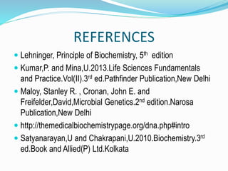 REFERENCES
 Lehninger, Principle of Biochemistry, 5th edition
 Kumar,P. and Mina,U.2013.Life Sciences Fundamentals
and Practice.Vol(II).3rd ed.Pathfinder Publication,New Delhi
 Maloy, Stanley R. , Cronan, John E. and
Freifelder,David,Microbial Genetics.2nd edition.Narosa
Publication,New Delhi
 http://themedicalbiochemistrypage.org/dna.php#intro
 Satyanarayan,U and Chakrapani,U.2010.Biochemistry.3rd
ed.Book and Allied(P) Ltd.Kolkata
 