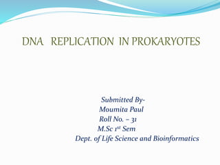 DNA REPLICATION IN PROKARYOTES
Submitted By-
Moumita Paul
Roll No. – 31
M.Sc 1st Sem
Dept. of Life Science and Bioinformatics
 