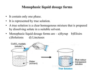 Monophasic liquid dosage forms
• It contain only one phase.
• It is represented by true solution.
• A true solution is a clear homogenous mixture that is prepared
by dissolving solute in a suitable solvent.
• Monophasic liquid dosage forms are – a)Syrup b)Elixirs
c)Solutions d) Linctuses
 