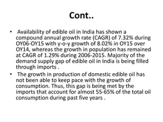 Cont..
• Availability of edible oil in India has shown a
compound annual growth rate (CAGR) of 7.32% during
OY06-OY15 with y-o-y growth of 8.02% in OY15 over
OY14, whereas the growth in population has remained
at CAGR of 1.29% during 2006-2015. Majority of the
demand supply gap of edible oil in India is being filled
through imports .
• The growth in production of domestic edible oil has
not been able to keep pace with the growth of
consumption. Thus, this gap is being met by the
imports that account for almost 55-65% of the total oil
consumption during past five years .
 