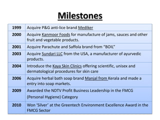 Milestones
1999 Acquire P&G anti-lice brand Mediker
2000 Acquire Kanmoor Foods for manufacture of jams, sauces and other
fruit and vegetable products.
2001 Acquire Parachute and Saffola brand from “BOIL”
2003 Acquire Sundari LLC from the USA, a manufacturer of ayurvedic
products.
2004 Introduce the Kaya Skin Clinics offering scientific, unisex and
dermatological procedures for skin care
2006 Acquire herbal bath soap brand Manjal from Kerala and made a
entry into soap markets.
2009 Awarded the NDTV Profit Business Leadership in the FMCG
(Personal Hygiene) Category
2010 Won ‘Silver’ at the Greentech Environment Excellence Award in the
FMCG Sector
 