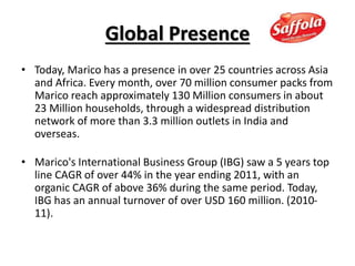 Global Presence
• Today, Marico has a presence in over 25 countries across Asia
and Africa. Every month, over 70 million consumer packs from
Marico reach approximately 130 Million consumers in about
23 Million households, through a widespread distribution
network of more than 3.3 million outlets in India and
overseas.
• Marico's International Business Group (IBG) saw a 5 years top
line CAGR of over 44% in the year ending 2011, with an
organic CAGR of above 36% during the same period. Today,
IBG has an annual turnover of over USD 160 million. (2010-
11).
 