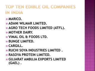  MARICO.
 ADANI WILMAR LIMITED.
 AGRO TECH FOODS LIMITED (ATFL).
 MOTHER DAIRY.
 VIMAL OIL & FOODS LTD.
 BUNGE LIMITED.
 CARGILL.
 RUCHI SOYA INDUSTRIES LIMITED .
 RASOYA PROTEIN LIMITED.
 GUJARAT AMBUJA EXPORTS LIMITED
(GAEL) .
 